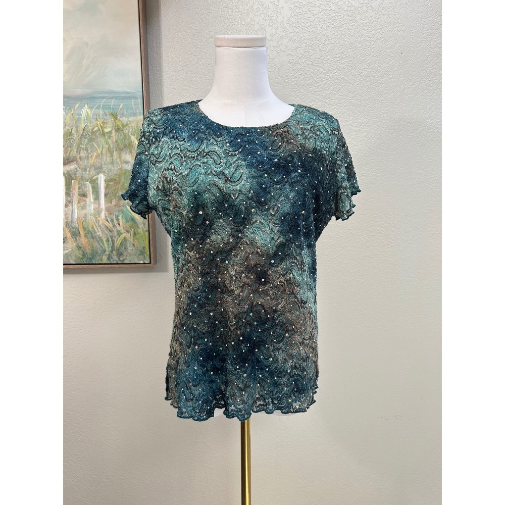 Dressbarn Teal Lace Sequin Top L Made in USA Romantic Evening Blouse